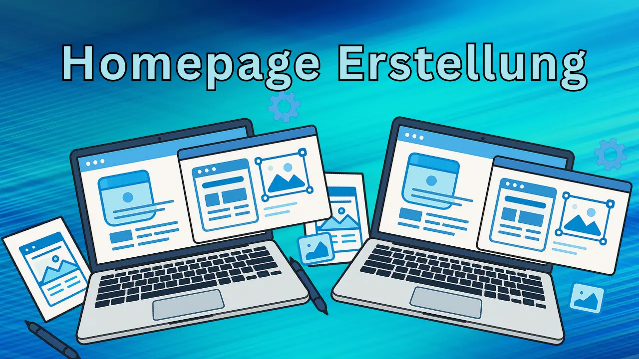 Homepage Erstellung - 2 comic laptop Grafiken auf einem abstrakten hellblauen Hintergrund