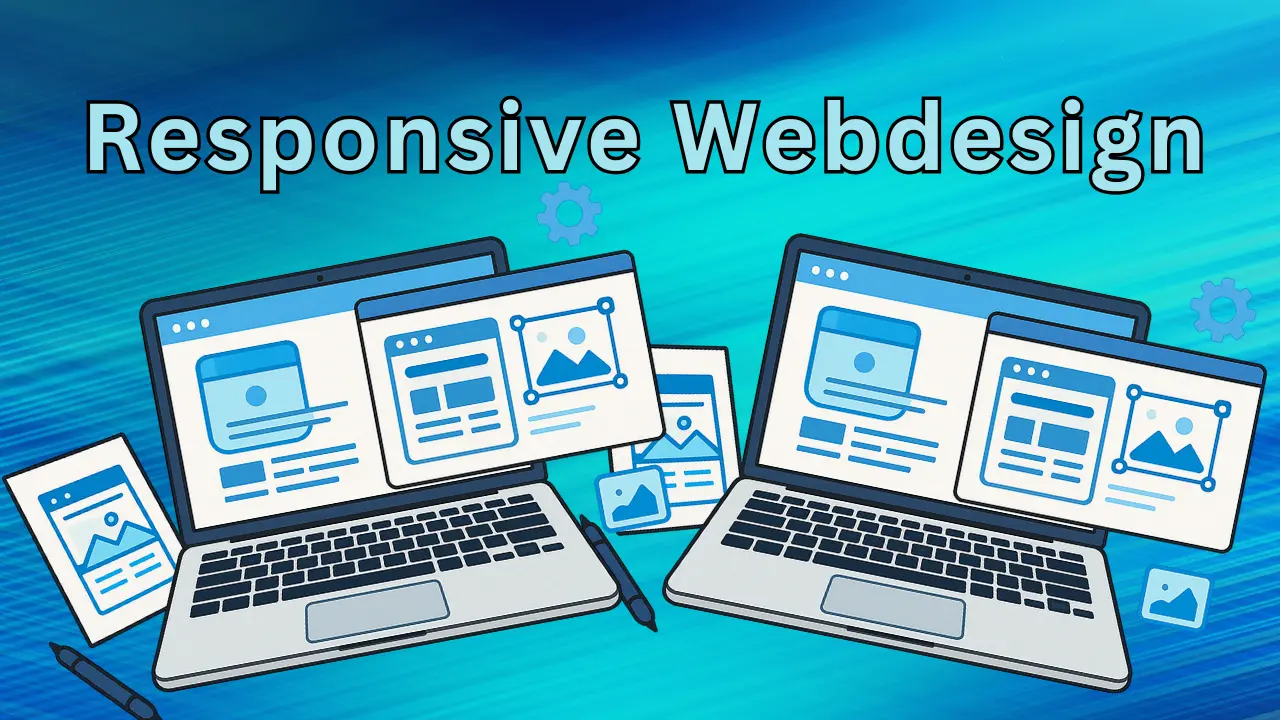 Responsive Webdesign - zwei comic style laptops auf einem abstrakten hellblauen Hintergrund